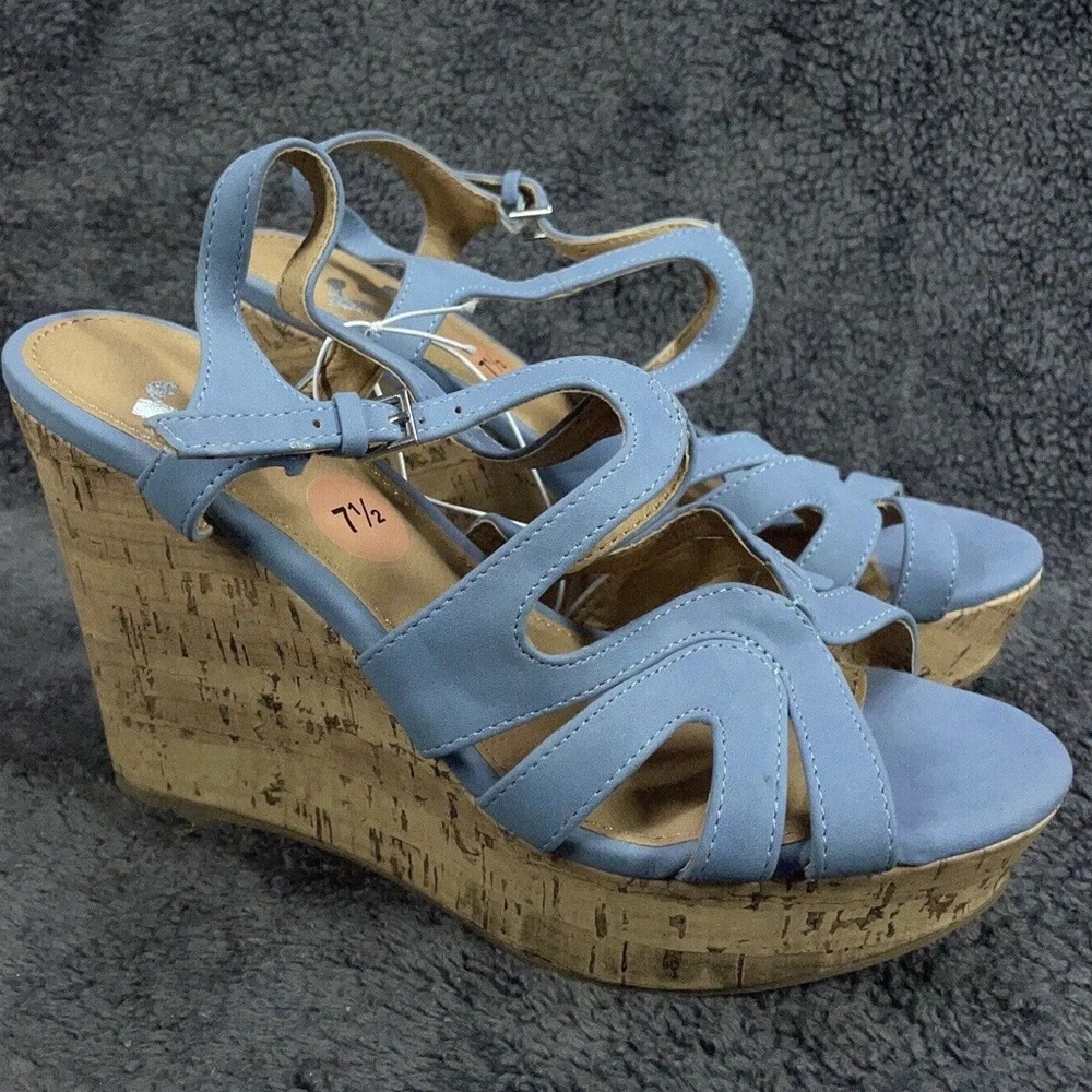 Womens Report Passion Soft Blue Strappy Wedge Cork Platform Shoes Sandals 7.5